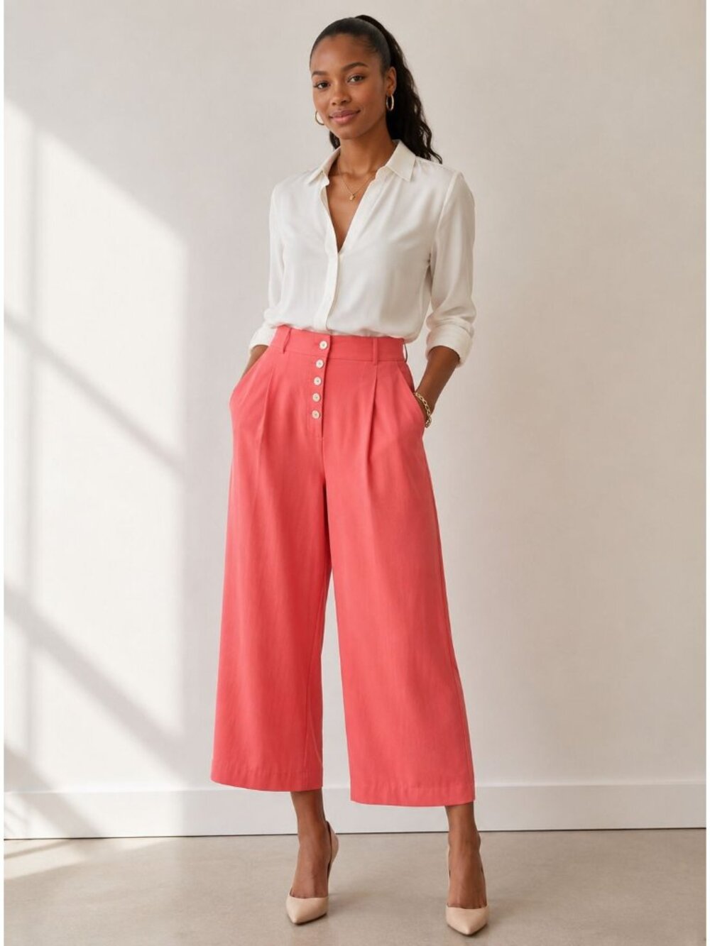 Alya Wide Leg Cropped Pants Salmon High Rise Women’s Size M